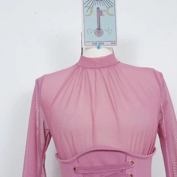Iris Mauve Pink Sheer Mock Neck Long Sleeve Corset Lace Up SZ S Sexy Y2K Dress - Picture 9 of 14